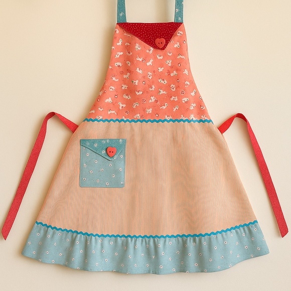 Handmade Peach/Blue Cotton Kitten Print Ruffle Apron Cottage OS - Picture 2 of 16